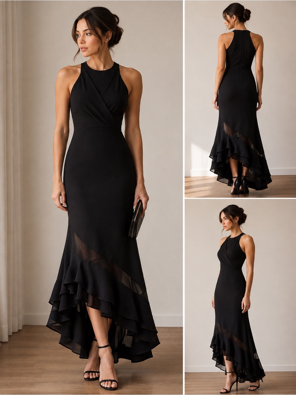 Xscape Black High-Low Ruffle Hem Evening Dress